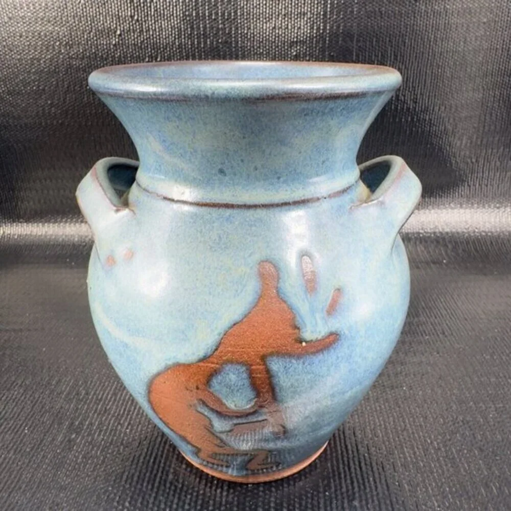 Hand Made RedWare Pottery Vase Vessel Salado Texas Kokopelli Pattern Signed Vase